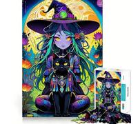 Puzzle de 1000 pièces Sorcière fantaisiste et Chat Noir pour Adolescents Jeu Stimulant l’Esprit,Assemblage sûr et Solide,activité Amusante en Famille (50x75cm)
