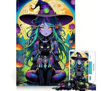Puzzle de 1000 pièces Sorcière fantaisiste et Chat Noir pour Adultes,Jeu de réflexion,découpe Laser pour Un Assemblage Parfait,activité enrichissante pour Les Jours de Pluie (38x52cm)