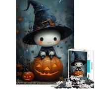 Puzzle de 1000 pièces Sorcière Mignonne sur Citrouille Illustration d'halloween Niveau Difficile Jeu Pratique pour Les 14 Ans et Plus (38x52cm)