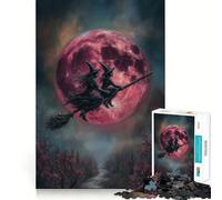 Puzzle de 1000 pièces Sorcières Volant sur Un Balai avec Lune Rouge,Un Jeu d'esprit Amusant et sans bavures,des pièces nettes et Bien découpées,Une activité captivante pour des soirées tranquilles