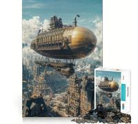 Puzzle de 1000 pièces Steampunk avec Paysage Urbain en dirigeable pour Adultes Soulagement du Stress Coupe ajustée Cadeau du Père Noël 50x75cm