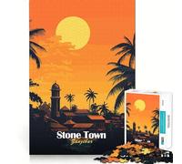 Puzzle de 1000 pièces Stone Town Zanzibar Coucher de Soleil pour Adolescents Jeu de réflexion et de détente Découpe Nette Liste de souhaits du Père Noël 38x26cm