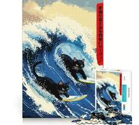 Puzzle de 1000 pièces Style Ukiyo-e Chats surfeurs pour Adultes, Jeu de logique Stimulant, Anti-anxiété, Bords Transparents, pour Les fêtes 38x52cm