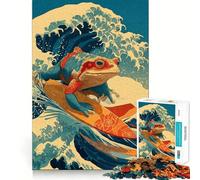 Puzzle de 1000 pièces Style Ukiyo-e Grenouille surfeuse pour Adultes Stimule la mémoire, apaise et divertit Découpe de qualité supérieure Cadeau attentionné 50x75cm