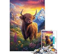 Puzzle de 1000 pièces Taureau des Highlands en Fleurs Défi d'intelligence cérébrale Jouet addictif Jeu éducatif Décoration intérieure Cadeau d'anniversaire (Taille 38x52cm)