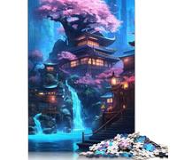 Puzzle de 1000 pièces « Temple de la Cascade néon » - Puzzles de 1000 pièces pour Adultes et familles - Puzzles en Bois pour Adultes et Enfants 1000 pièces (75 x 50 cm)