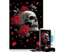 Puzzle de 1000 pièces Tête de Mort et Roses sur Fond Noir pour Adolescents, Jeu cognitif, Plaisir Lent, Bords de qualité supérieure, Cadeau du Père Noël 50x75cm