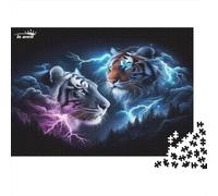 Puzzle de 1000 pièces « Tiger Thunderstorm Art » en Carton 100% recy es têtes de Lion et de Tigre et des éclairs. Un défi Stimulant pour Adultes et Enfants. Dimensions : 70 x 50 cm.