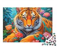 Puzzle de 1000 pièces « Tigre dans Les Fleurs » : Portrait en Gros Plan d'un Tigre dans Un décor Floral. Jeu éducatif pour Adultes, Belle décoration, Niveau de difficulté Stimulant. 38 x 26 cm.