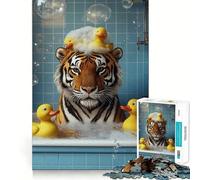 Puzzle de 1000 pièces Tigre dans Une Baignoire avec des Canards en Caoutchouc pour Adolescents Renforce la mémoire Calme et sérénité Qualité supérieure Cadeau de Noël idéal 38x52cm