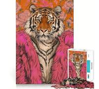 Puzzle de 1000 pièces Tigre en Fourrure Rose et Fleurs pour Adultes, Jeu de logique mentale, Doux et Relaxant, découpe Ferme, liste de souhaits du Père Noël 38x26cm