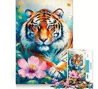 Puzzle de 1000 pièces Tigre et Fleur Rose pour Adolescents Jeu de logique et de développement du Sens de l'équilibre Découpe précise Joli Cadeau 38x26cm