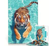 Puzzle de 1000 pièces Tigre nageant dans l'eau Bleue pour Adolescents, Jeu de réflexion, Plaisir partagé, Bords précis, Cadeau de Noël 38x26cm