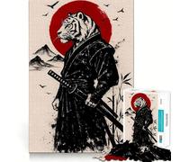 Puzzle de 1000 pièces Tigre samouraï avec Katana et Soleil Rouge pour Adultes, Jeu Intelligent Anti-Stress, Motif à Assembler, Surprise de Noël 50x75cm