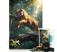 Puzzle de 1000 pièces Tigre sautant par-Dessus Un Tronc d'arbre pour Adolescents Jeu d'éveil et de Relaxation, Design Amusant, 38x26cm