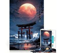 Puzzle de 1000 pièces Torii Gate sous Une Lune Rouge pour Adolescents Jeu de logique Solide Loisirs Amusants Bords Transparents Objet de Collection 38x26cm