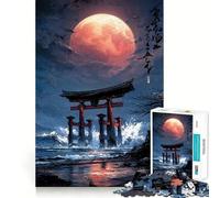 Puzzle de 1000 pièces Torii Gate sous Une Lune Rouge pour Adolescents Jeu de logique Solide Loisirs Amusants Bords Transparents Objet de Collection 50x75cm