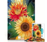 Puzzle de 1000 pièces Tournesol Vibrant et Dahlia en vitrail Jeu de mémorisation mentale de Haute précision Activité Manuelle Défi cérébral interactif pour la Maison (38x26cm)
