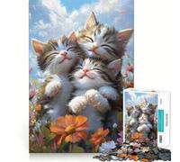 Puzzle de 1000 pièces Trois Chatons dans Les Fleurs pour Adultes, Jeu de logique Stimulant, Anti-anxiété, Bords Transparents, pour Les fêtes 50x75cm