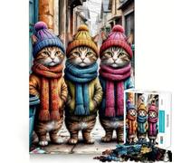 Puzzle de 1000 pièces Trois Chats en Tenues d'hiver pour Adultes, Jeu de logique et de réflexion, Divertissement paisible, découpe Ferme, Cadeau précieux 50x75cm