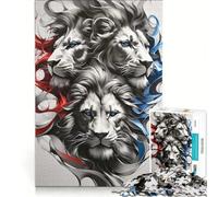 Puzzle de 1000 pièces Trois Lions Rouge Blanc Bleu Jeu de réflexion Décoration intérieure avec des pièces de Formes aléatoires Parfaitement emboîtables 38x26cm