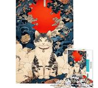 Puzzle de 1000 pièces Ukiyo-e Portrait de Chat avec Soleil Rouge Jeu de réflexion pour Adultes Idéal pour se détendre Pendant Les Vacances pour Un Anniversaire ou Noël (Dimensions 50x75cm)