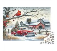 Puzzle de 1000 pièces Un Camion Rouge coloré avec Un Cardinal, sur Le thème d'une scène de Ferme hivernale. Idéal pour Les Adultes. et activité Amusants pour Un Anniversaire. Dimensions : 52 x 38 cm.