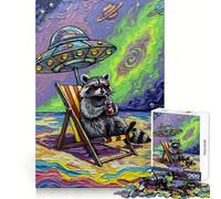 Puzzle de 1000 pièces Vacances Raccoon Beach sous Un OVNI pour Adolescents, Jeu de logique Fine, Loisirs faciles, Bords Nets, Cadeau de Festival (38x26cm)