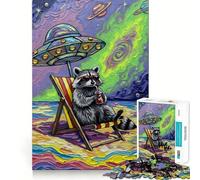 Puzzle de 1000 pièces Vacances Raccoon Beach sous Un OVNI pour Adolescents, Jeu de logique Fine, Loisirs faciles, Bords Nets, Cadeau de Festival (38x26cm)