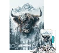 Puzzle de 1000 pièces Vache des Highlands et Montagne enneigée Décoration intérieure Jeu Difficile Idéal comme Cadeau (38x26cm)