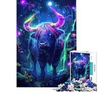 Puzzle de 1000 pièces Vache des Highlands néon dans la forêt Puzzle Adulte Anti-Stress Jeu d'analyse et de logique Idéal comme Cadeau pour Toute la Famille (Dimensions 38x52cm)