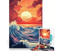 Puzzle de 1000 pièces Vagues au Coucher du Soleil pour Adultes, défi cérébral, Jeu apaisant, Collection d'œuvres d'art aux Contours Nets 50x75cm