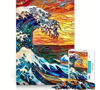 Puzzle de 1000 pièces Vagues d'Hokusai en vitrail pour Adultes, idéal pour améliorer la mémoire, Les Loisirs et comme Cadeau de fête 38x52cm