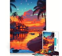 Puzzle de 1000 pièces Village au Coucher du Soleil Tropical Découpe précise Jeu Amusant et Stimulant pour l'esprit Jeu de détente Cadeau d'anniversaire Activité Artistique (38x52cm)