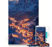 Puzzle de 1000 pièces Village de Montagne enneigé la Nuit pour Adolescents Renforce la mémoire, apaise et détend, Bords Lisses, (38x52cm)