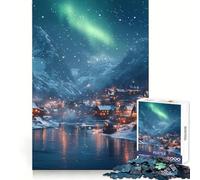Puzzle de 1000 pièces Village enneigé sous aurores boréales pour Adolescents, Jeu de logique Fine, Loisirs faciles, Bords Nets, pour Les fêtes (38x26cm)