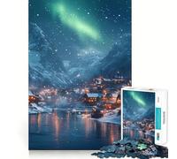 Puzzle de 1000 pièces Village enneigé sous aurores boréales pour Adolescents, Jeu de logique Fine, Loisirs faciles, Bords Nets, pour Les fêtes (38x26cm)