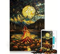 Puzzle de 1000 pièces Vitrail Autour du feu de Camp pour Adolescents, Jeu de réflexion et de Partage, Bords précis, Cadeau du Père Noël 38x52cm