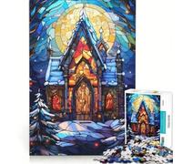 Puzzle de 1000 pièces Vitrail Église d'hiver Jouet éducatif Course de Vitesse Manuelle avec pièces de Formes aléatoires entièrement emboîtables 38x26cm
