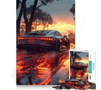 Puzzle de 1000 pièces Voiture de Sport Noire au Coucher du Soleil,pièces Bien ajustées,Jouet créatif et Amusant,Moments de détente,Cadeau de décoration d'anniversaire (38x26cm)