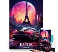 Puzzle de 1000 pièces Voiture néon rétro à Paris pour Adultes Renforce la mémoire Amusant et décontracté Qualité supérieure Cadeau élégant (50x75cm)
