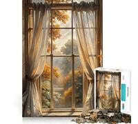 Puzzle de 1000 pièces Vue d'automne par la fenêtre avec Rideaux Jeu d'assemblage Facile Stimulation cérébrale Détente et Amusement Cadeau d'anniversaire Amusant (50x75cm)