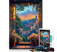 Puzzle de 1000 pièces Vue d'une Ville côtière par la fenêtre,Jeu de réflexion Amusant,sans Espace,Assemblage précis, pour Les réunions de Famille (38x26cm)