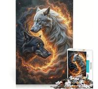 Puzzle de 1000 pièces Yin Yang Deux Loups dans Un Cercle de feu décoration Murale activité Anti-Stress intéressante idéal comme Cadeau 38x26cm