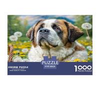 Puzzle de 1000pcs représentant Un Adorable Saint-Bernard au Milieu des pissenlits. Jeu Stimulant pour Adultes, Adolescents et Seniors. 38x26 cm/1000pcs.