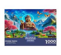 Puzzle de 1000pcs représentant Une Statue de Bouddha Bouddha, ruisseau et Montagnes. Jeu éducatif et détendu pour Adultes et Adolescents. 38x26 cm/1000pcs