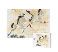 Puzzle de 300 pièces avec boîte de rangement, deux grues japonaises volant peinture traditionnelle imprimée Puzzle en bois 40 x 28 cm pour adultes et enfants Jeu décoratif amusant