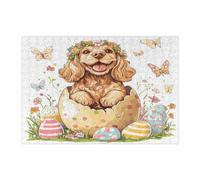 Puzzle de 300 pièces en bois avec motif de cocker épagneul de printemps et de Pâques pour adultes - Motifs de fleurs pour divertissement à la maison