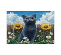 Puzzle de 300 pièces en bois imprimé chat bleu russe pour adultes, clôture de tournesol, chaton, décorations à motif d'animaux de compagnie de ferme pour divertissement à domicile