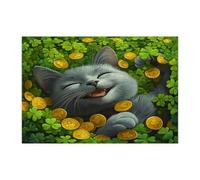 Puzzle de 300 pièces en bois imprimé chat bleu russe pour adultes - Trèfle et chaton - Décorations de trèfle pour fête de divertissement